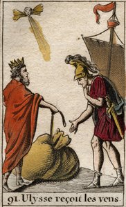 Odyssee von Homer: Aiolos, König der Insel der Zyklopen, schenkt Odysseus den Beutel mit den Winden, die ihm helfen sollen. Aus „Mythologie der Jugend“ von Pierre Blanchard 1803.