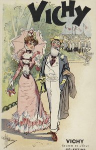 Alter Mann und junges Mädchen spazieren, Werbung für Vichy von French School