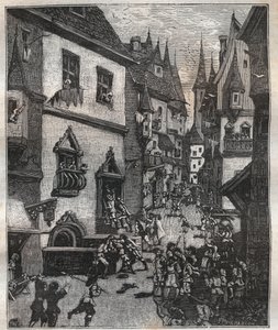 Am 20. Mai 1636 wurden acht Fälscher in der Rue Champfleuri von zwei Polizeikommissaren begleitet von einem Dutzend Sergeanten verhaftet - in „Paris a travers les siecles“ von Nicolas Jules Henri Gourdon de Genouillac