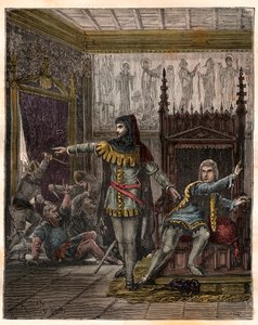 Hundertjähriger Krieg: „Der Dauphin Charles (später Karl V.) (1338-1380) (der erste Dauphin von Frankreich) und Étienne Marcel (1302/1310-1358), der zwei Minister (Marschälle) Robert de Clermont und Jean de Conflans im Zimmer des französischen Dauphins erm