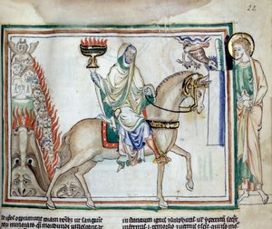Öffnung des vierten Siegels: Der Tod reitet auf dem grünen Pferd. Miniatur aus „Die Apokalypse von Cambrai“ illuminiert von der französischen Schule des 13. Jahrhunderts. Ms. 422. Stadtbibliothek, Cambrai von French School