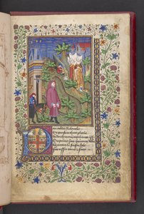 Eröffnungsseite. Ein Herr in einer Landschaft, gefolgt von einem anderen auf einem Pferd, mit drei Damen. Le livre des quatre dames; von Alain Chartier von French School