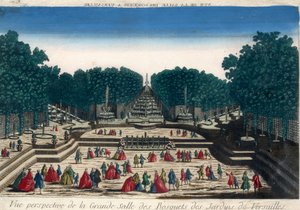 Optische Ansicht: Perspektivische Ansicht des großen Saals der Haine der Gärten von Versailles. Gravur aus dem 18. Jahrhundert
