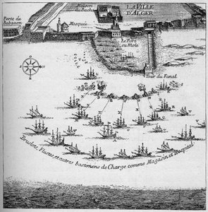 Ordnung der französischen Schiffe für den Angriff auf Algier im Jahr 1683. Gravur in „La Marine et les colonies: commerce“ von French School