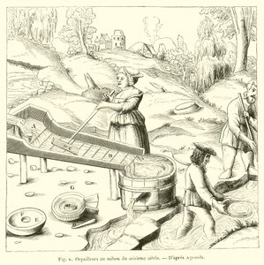 Goldwäscher im 16. Jahrhundert (Gravur) von French School