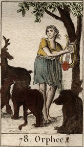 Orpheus bezaubert die wilden Tiere, indem er seine Leier spielt. Aus „Mythologie der Jugend“ von Pierre Blanchard 1803 von French School
