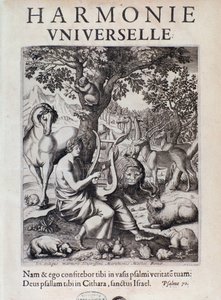 Orpheus spielt für Tiere. Frontispiz von Harmonie universelle von Marin Mersenne von French School