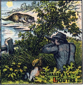 Otterjagdszene. Syllabar-Alphabet der Jagden, Bild von Epinal von French School