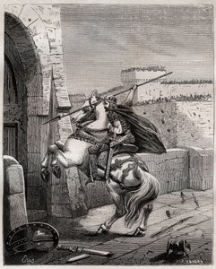 Otto II., Heiliger Römischer Kaiser vor Paris - Otto II. des Heiligen Reiches, bekannt als der Rote (955-983), ärgert sich, dass er nicht in Paris eindringen kann (Belagerung von Paris, 978), und geht unter die Mauern der Stadt, um seinen Speer in das Tor  von French School