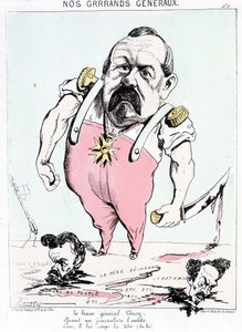 Unsere großen Generäle: der tapfere General Vinoy, wenn ihn ein Journalist stört, zack, er schlägt ihm den Kopf ab. Karikatur über Vinoy und die Kommune.