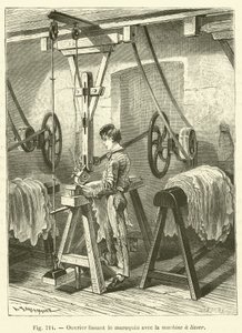 Arbeiter glättet Maroquin mit der Glättmaschine von French School