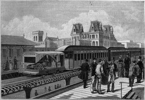 Überblick über die Hochbahnstation und den elektrischen Zug in New York, USA. Gravur in „La Nature. Revue des sciences et de ses applications aux arts et à l