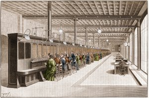 Übersicht des großen Telefonbüros (Zentrale Telefonanlage) in der Rue Gutenberg in Paris, organisiert zur Bedienung von 6000 Abonnenten. Gravur von 1895