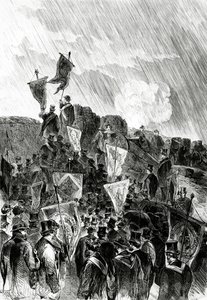 Pazifistische Demonstration auf den Befestigungsanlagen durch Freimaurer am 28. April 1870, um die Einstellung der Bombardierung von Paris zu fordern, aus Le Monde Illustré, 5. Mai 1870