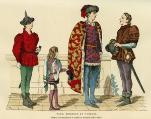 Seitenkostüme, Herr und Knecht im 15. Jahrhundert. Farbige Gravur nach einem Wandteppich der Kathedrale von Bern 1440-1450, in „Frankreich und die Franzosen durch die Jahrhunderte“ von Augustin Challamel, F.Roy Herausgeber, Paris 1882. Selva Sammlung.