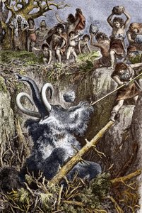 Paläolithikum: Mammutjagdszene, ein Stamm prähistorischer Menschen wirft Steine auf ein Mammut, das in eine Grube fällt. Gravur des 19. Jahrhunderts. Private Sammlung von French School