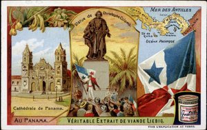 Panama: Die Kathedrale, die Statue von Kolumbus, die Flagge - Chromolithografie von French School