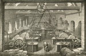 Papierherstellung: Bleichen von Lumpenbrei. Gravur ca. 1870.