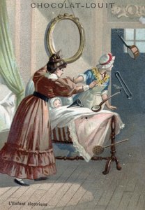 Paranormale Aktivität: ein Neugeborenes bewegt Objekte durch Levitation (Poltergeist oder Telekinese) Chromolithographie Ende des 19. Jahrhunderts von French School