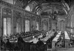 Paris, 4. August 1871: Erste Sitzung des Gemeinderats im Thronsaal des Palais du Luxembourg. Gravur in „Le Monde Illustré“ Nr. 748 vom 12. August 1871 von French School