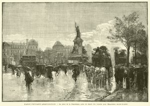 Paris während der Ausstellung, der Place de la République, Ausgangspunkt der Wagen zur Ausstellung, an einem Regentag (Gravur) von French School