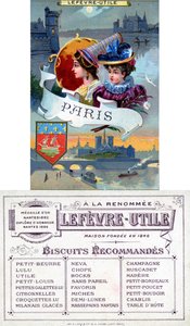 Paris, Vorder- und Rückseite einer Werbekarte für Lefèvre-Utile (LU) Kekse, späte 19. Jahrhundert