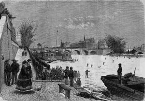 Paris, Winter 1868: die gefrorene Seine. Blick auf den Fluss in Höhe der Pont Neuf. Gravur in „Le Monde Illustré“ Nr. 561 vom 11. Januar 1868. von French School