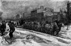 Paris unter dem Schnee, Winter 1879-1880: der Schneepflug des Boulevard Montparnasse. Gravur in „Le Monde Illustré“ Nr. 1188 vom 3. Januar von French School