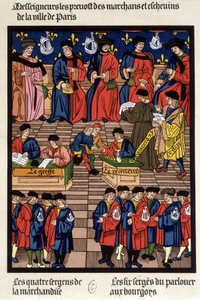 Pariser Handelsverkehr: die Prévôts der Kaufleute und Schöffen, der Transplantat, der Empfänger, der Staatsanwalt, der Schreiber, die Warensergeanten... - Faksimile einer Miniatur des Mittelalters