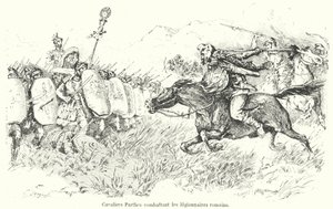 Parthische Kavallerie greift römische Legionäre an (Gravur)