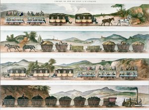 Passagiere und Fracht auf der ersten französischen Linie zwischen Lyon und St. Etienne, 1829 (Farblithografie)