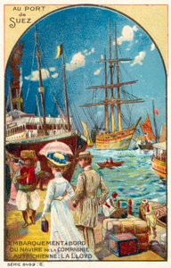 Passagiere, die ein Schiff der österreichischen Lloyd-Linie im Hafen von Suez, Ägypten, besteigen von French School