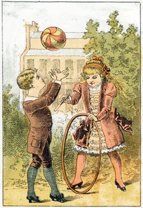Paul spielt Ball und Louise spielt Reifen - im „Alphabet des petits savants“, Ende des 19. Jahrhunderts (Chromolithographie) von French School