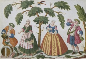 Bauern und Bürger beim Weingeschäft (Farbstich)