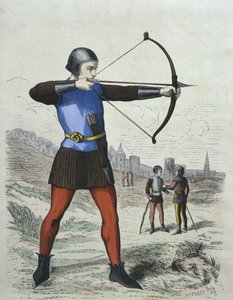 Fußbogenschütze im 13. Jahrhundert, Illustration aus Costumes de Paris à travers les siècles von H. Gourdon de Genouillac, graviert von A. Renard, 19. Jahrhundert