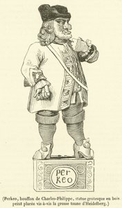 Perkeo, Hofnarr von Karl-Philipp, groteske Holzstatue gegenüber dem großen Fass von Heidelberg von French School