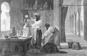 Persischer Alchemist Rhazes in seinem Labor (Gravur)