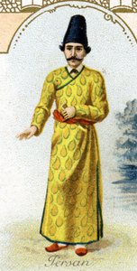 Persischer Mann. Ausgabe der Pariser Lithografie, Ende des 19. Jahrhunderts. Serie von 25 Werbechromos für die Dijon-Fabrik von Biscuits Pernot, gegründet 1869. (Detail) der Figuren in traditioneller Tracht von French School