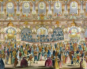 Perspektivische Ansicht des Ballsaals, errichtet im Innenhof des Hôtel de Ville von French School