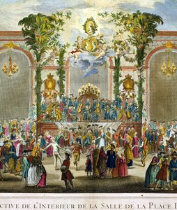 Perspektivische Ansicht des Innenraums des Zimmers des Place Dauphine von French School