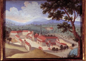 Perspektivische Ansicht der Abtei von Port Royal des Champs. Anonymes Gemälde des 18. Jahrhunderts. Port Royal, Musée Des Granges von French School