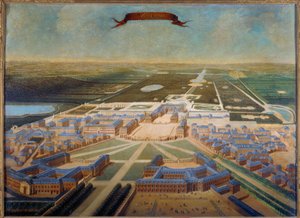 Perspektivische Ansicht der Ställe des Schlosses und der Gärten von Versailles um 1710-1715 von French School