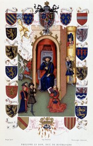 Philippe der Gute, Herzog von Burgund, erhält die Widmung eines Buches (Wappen) von French School