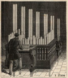 Piano a Gaz - (Gasorgel) Pyrofon (Feuer-/Explosionsorgel) (Feuer-/Explosionskalliope) Gravur in „Sciences à la portée de tous - Physik und Chemie für alle“ von Alexis Clerc - Ende des 19. Jahrhunderts - Private Sammlung. von French School