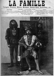 Pierre Loti im Kostüm von Ludwig XI. empfängt seine Gäste in seinem Schloss während einer Feier in einem Dekor aus der Zeit von Ludwig XI. Titelblatt von „Die Familie“ von 1888. von French School