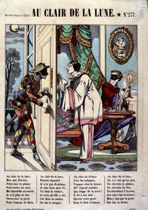 Pierrot, Harlekin und der Nachbar, Illustration des Liedes „Au clair de la lune“, Bild von Epinal von French School