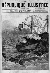 Piraterie: Das annamitische Kriegsschiff „La Magune“ wurde von chinesischen Piraten angegriffen. Eine Zeitung. Gravur von 1880 in „La république illustrée“, private Sammlung.