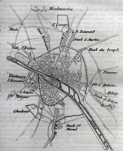 Plan von Paris unter Heinrich III. (1580) Gravur in „Histoire physique, civile et morale de Paris: depuis les premiers temps historiques à nos jours“ von Jacques Antoine Dulaure
