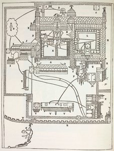 Plan des Benediktinerklosters in Canterbury im 12. Jahrhundert, aus Militär- und Religionsleben im Mittelalter von Paul Lacroix, veröffentlicht in London ca. 1880