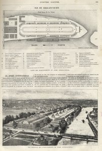Plan der Einrichtung des Internationalen Sports, der 1869 auf der Insel Billancourt gebaut werden soll - Gesamtansicht der Einrichtungen des internationalen Sports auf der Insel Billancourt im Jahr 1869 von French School
